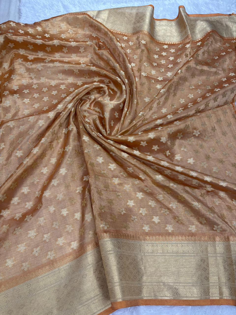 Luxurious Honey Gold Tissue Banarasi Tissue Saree with Silver Meenakari Vines
