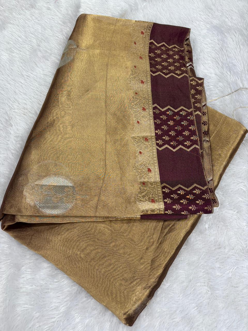 Antique Bronze Banarasi Tissue Saree with Wine-Maroon Chevron Border