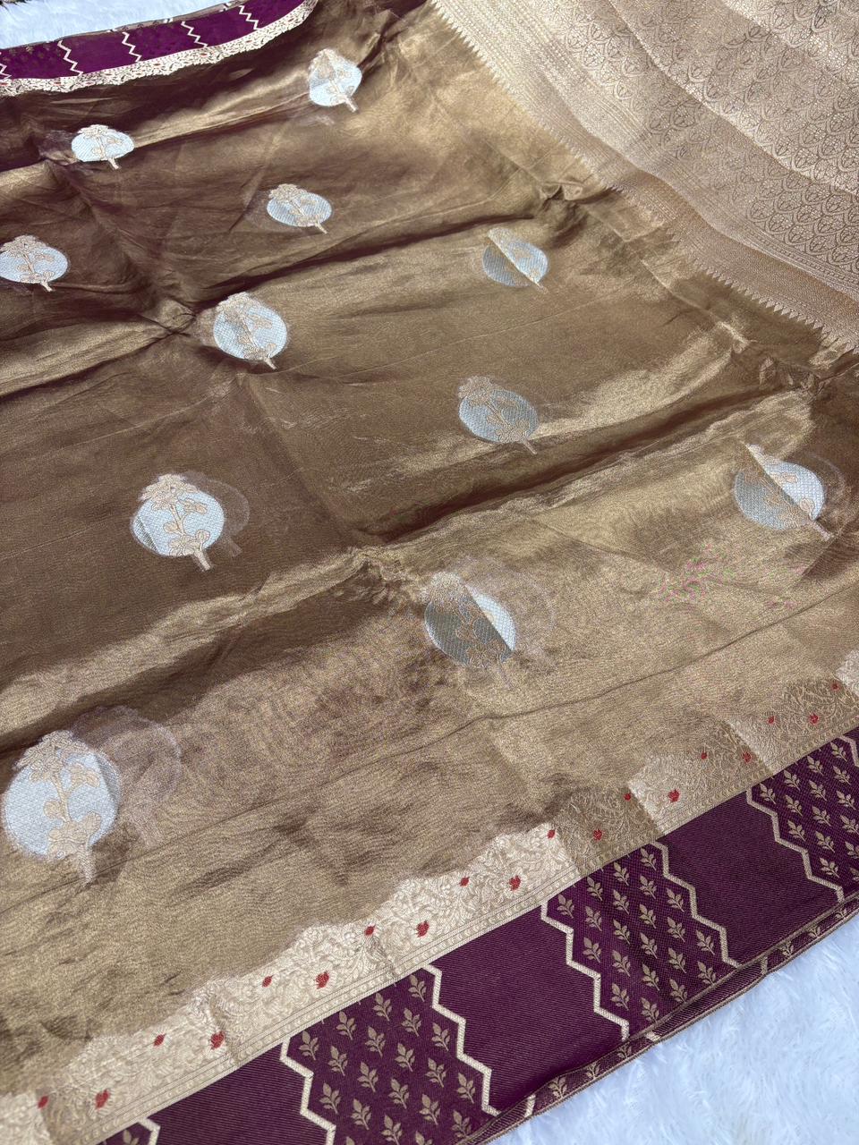 Antique Bronze Banarasi Tissue Saree with Wine-Maroon Chevron Border