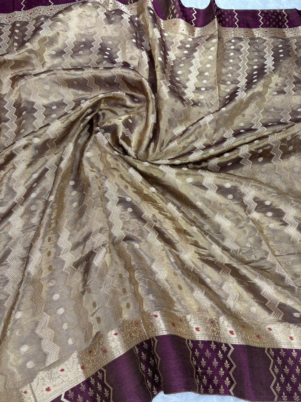 Antique Bronze Banarasi Tissue Saree with Wine-Maroon Chevron Border