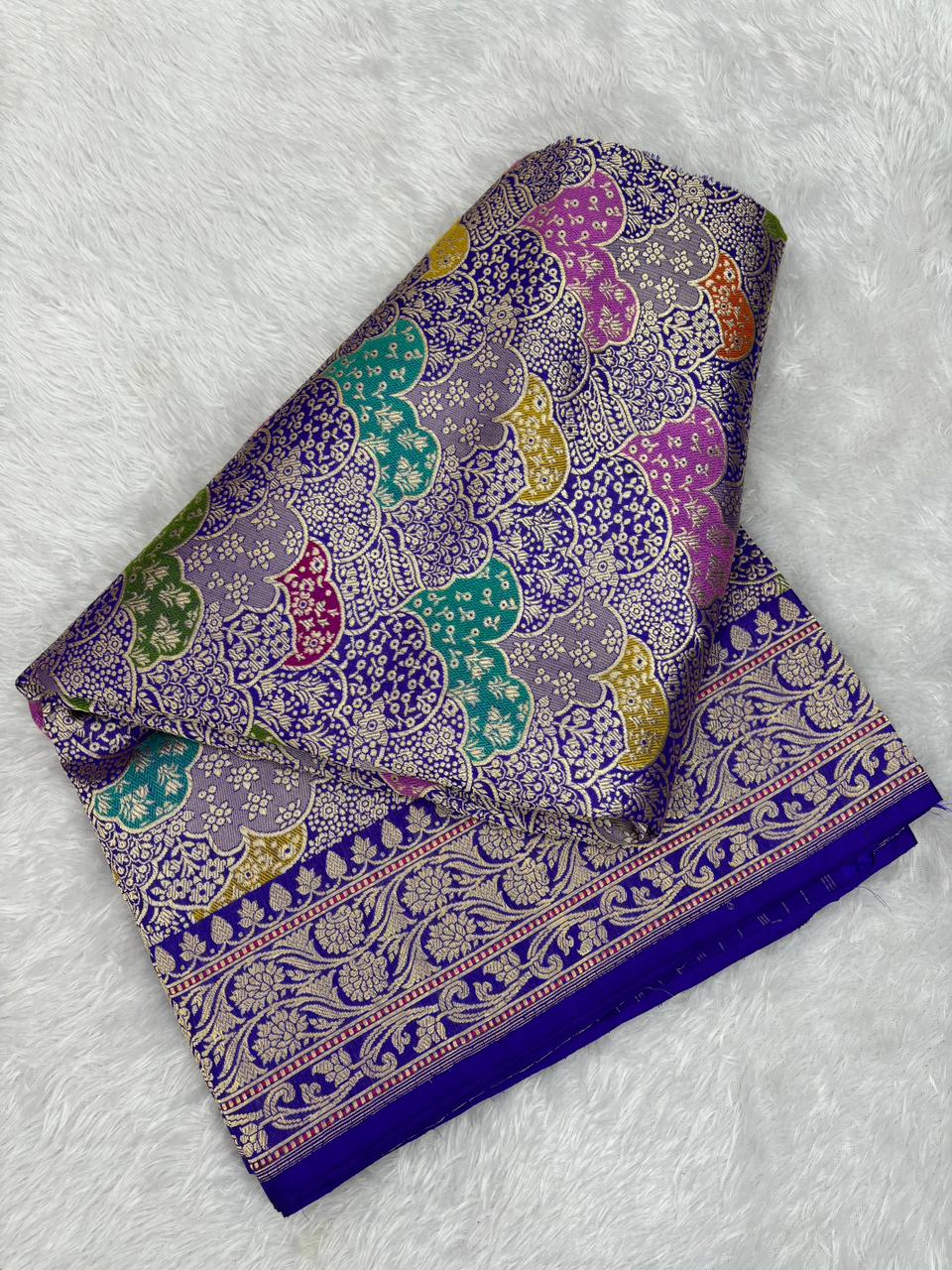 Premium Kinkhwab Banarasi Handloom Saree in Royal Blue & Multi-Hued Jewel Tones