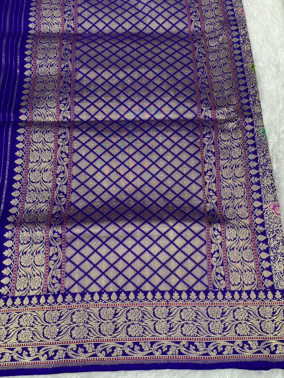 Premium Kinkhwab Banarasi Handloom Saree in Royal Blue & Multi-Hued Jewel Tones