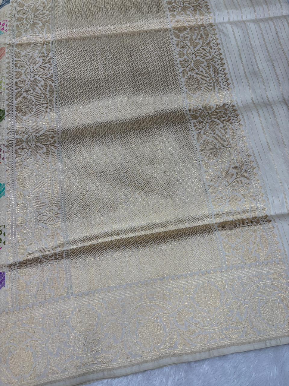The Ivory Mosaic – Premium Kinkhwab with Meenakari Geometric Handloom Saree