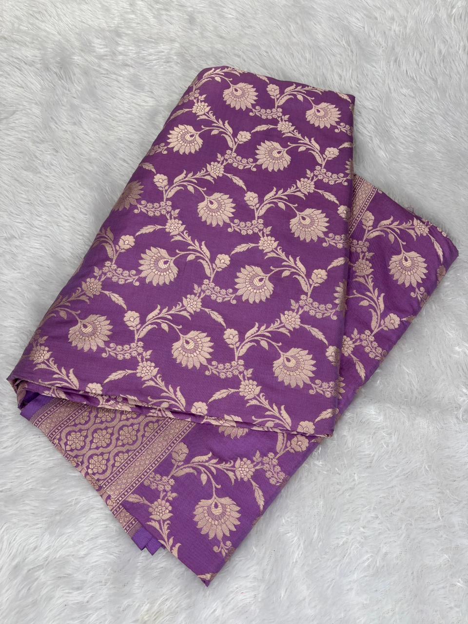Regal Lavender Banarasi  Katan Jungla Cutwork Saree with Antique Silver Zari Floral Jaal