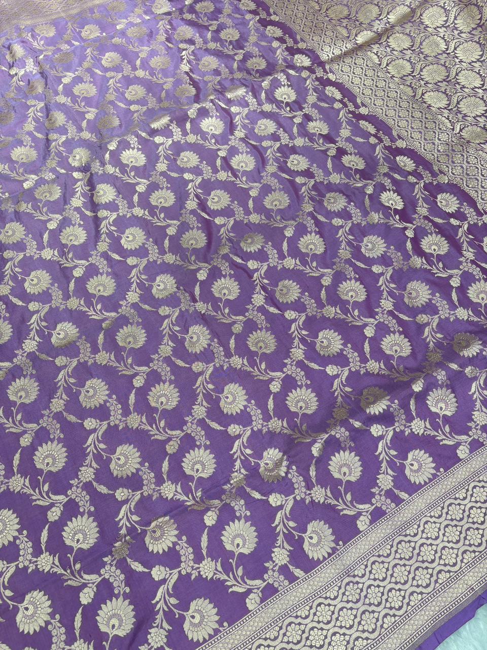 Regal Lavender Banarasi  Katan Jungla Cutwork Saree with Antique Silver Zari Floral Jaal
