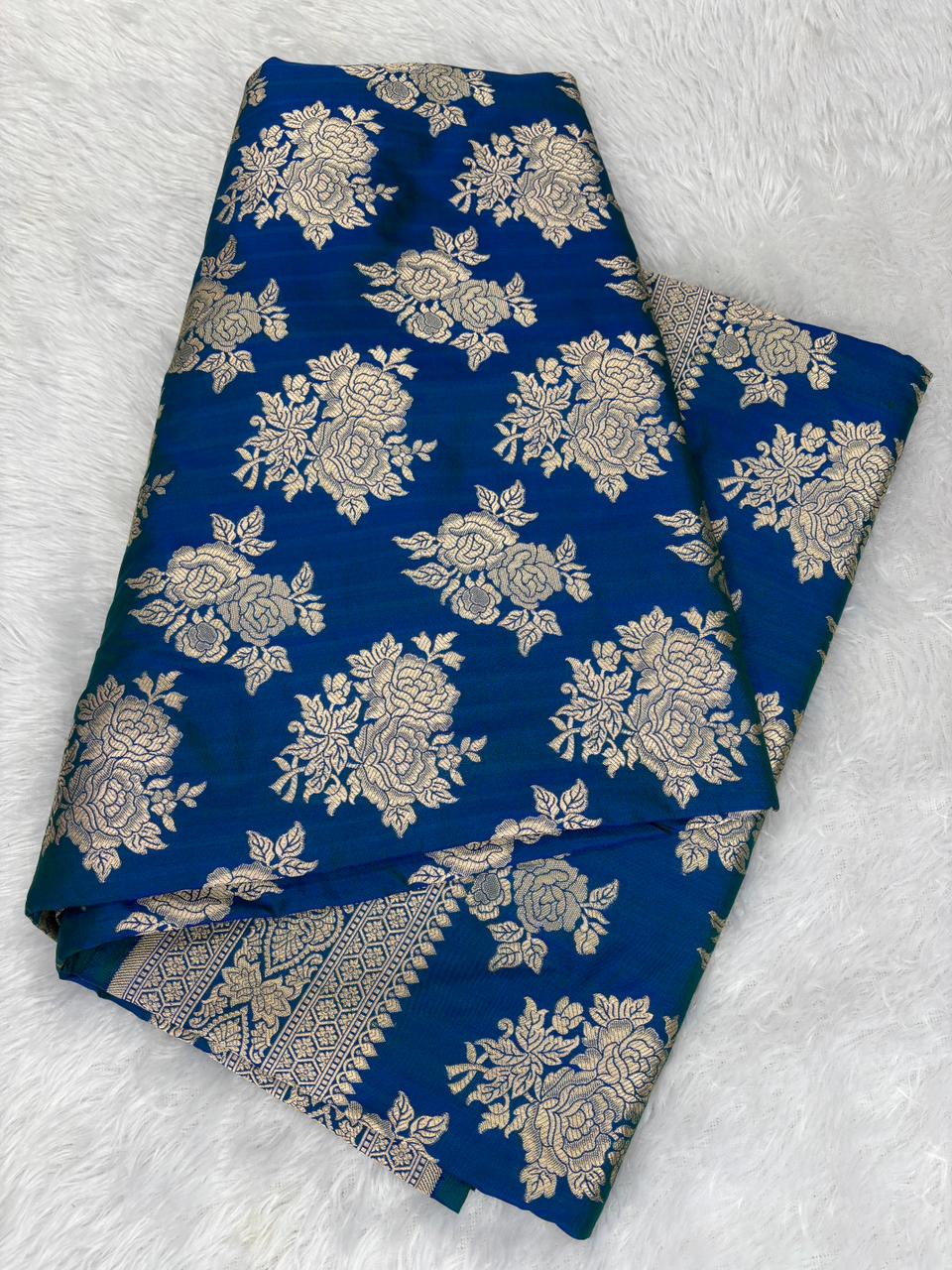Enchanting Peacock Blue Banarasi K atan Jungla Cutwork Saree with Antique Zari Floral Bunches