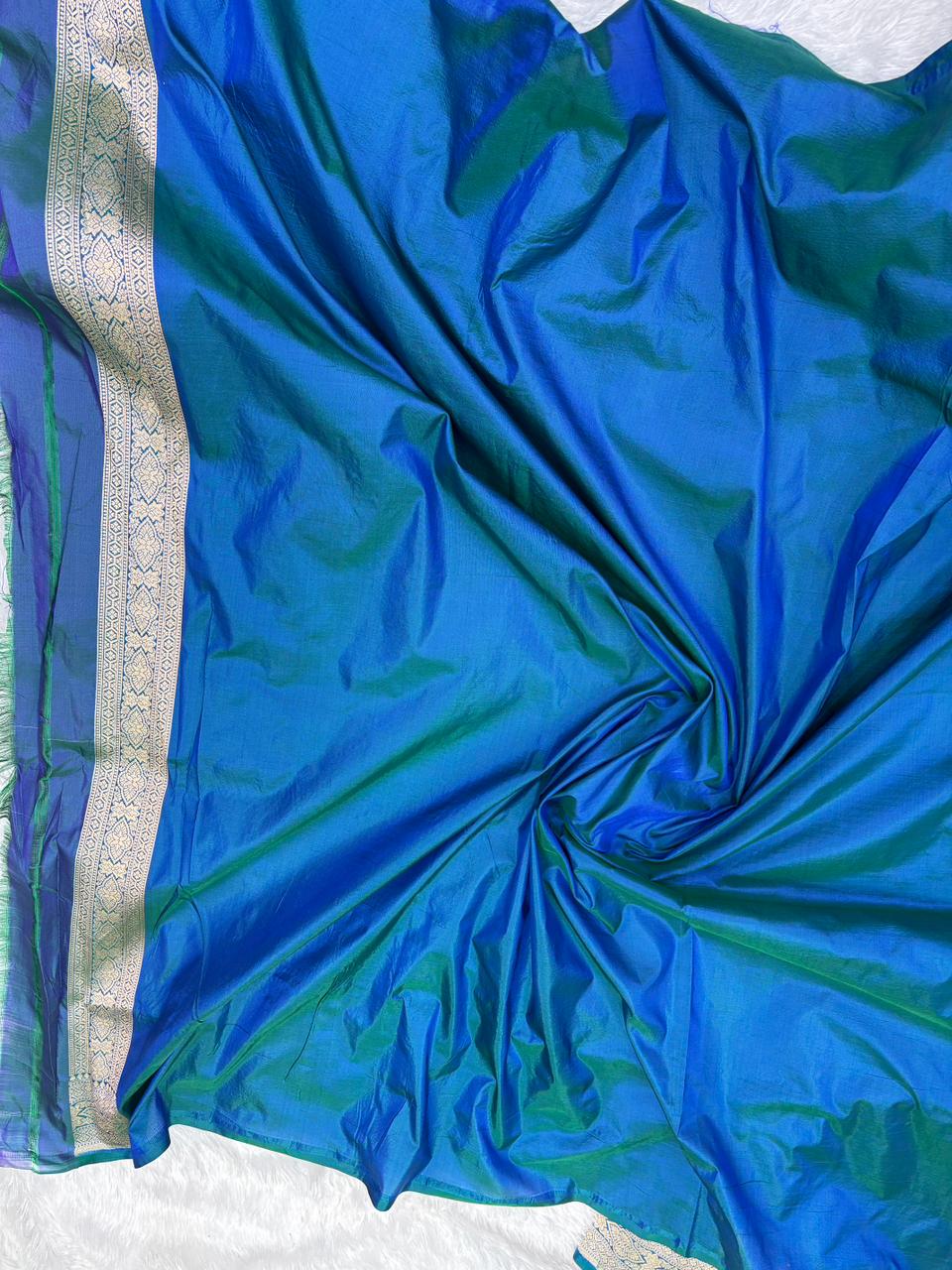 Enchanting Peacock Blue Banarasi K atan Jungla Cutwork Saree with Antique Zari Floral Bunches