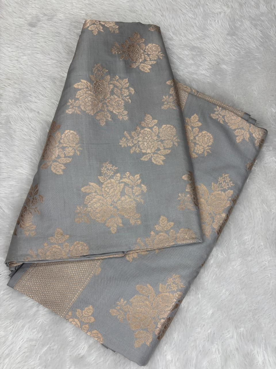 Sophisticated Steel Grey Banarasi katan Jungla Cutwork Saree with Antique Zari Rose Bunches