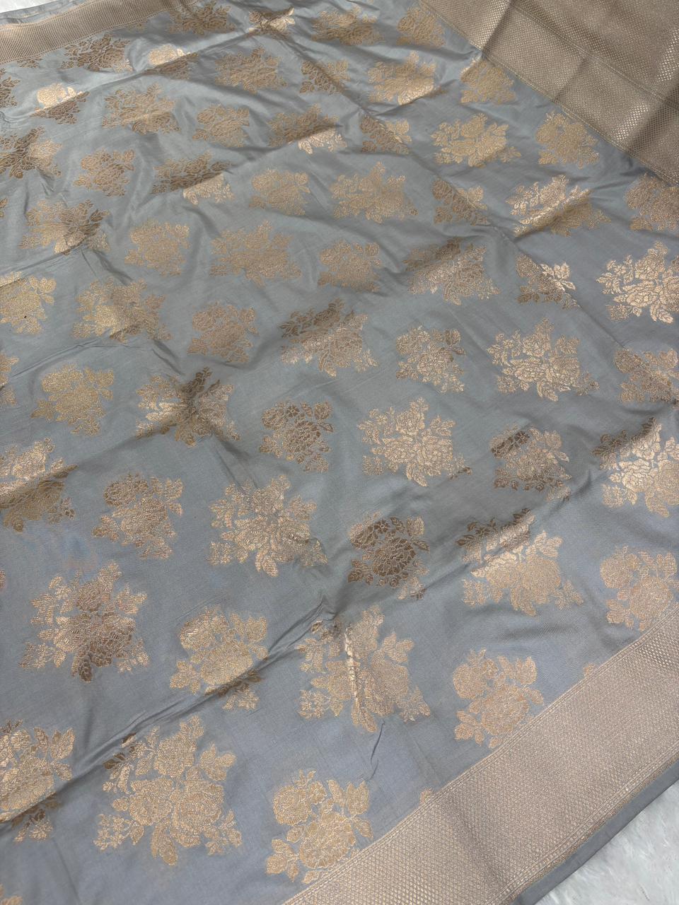 Sophisticated Steel Grey Banarasi katan Jungla Cutwork Saree with Antique Zari Rose Bunches