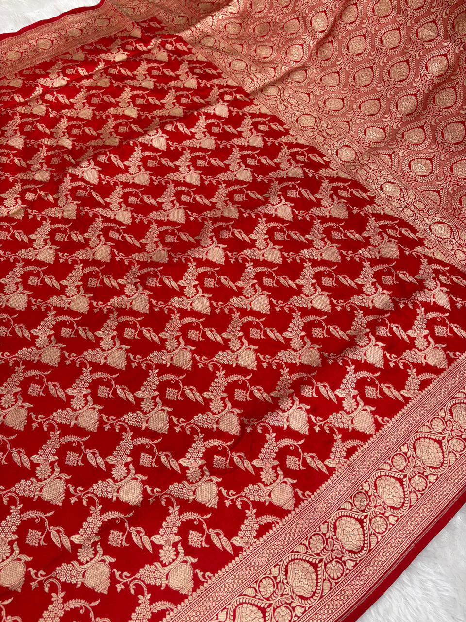 Bridal Red Banarasi Katan Jungla Cutwork with Gold Zari Pomegranate Motifs