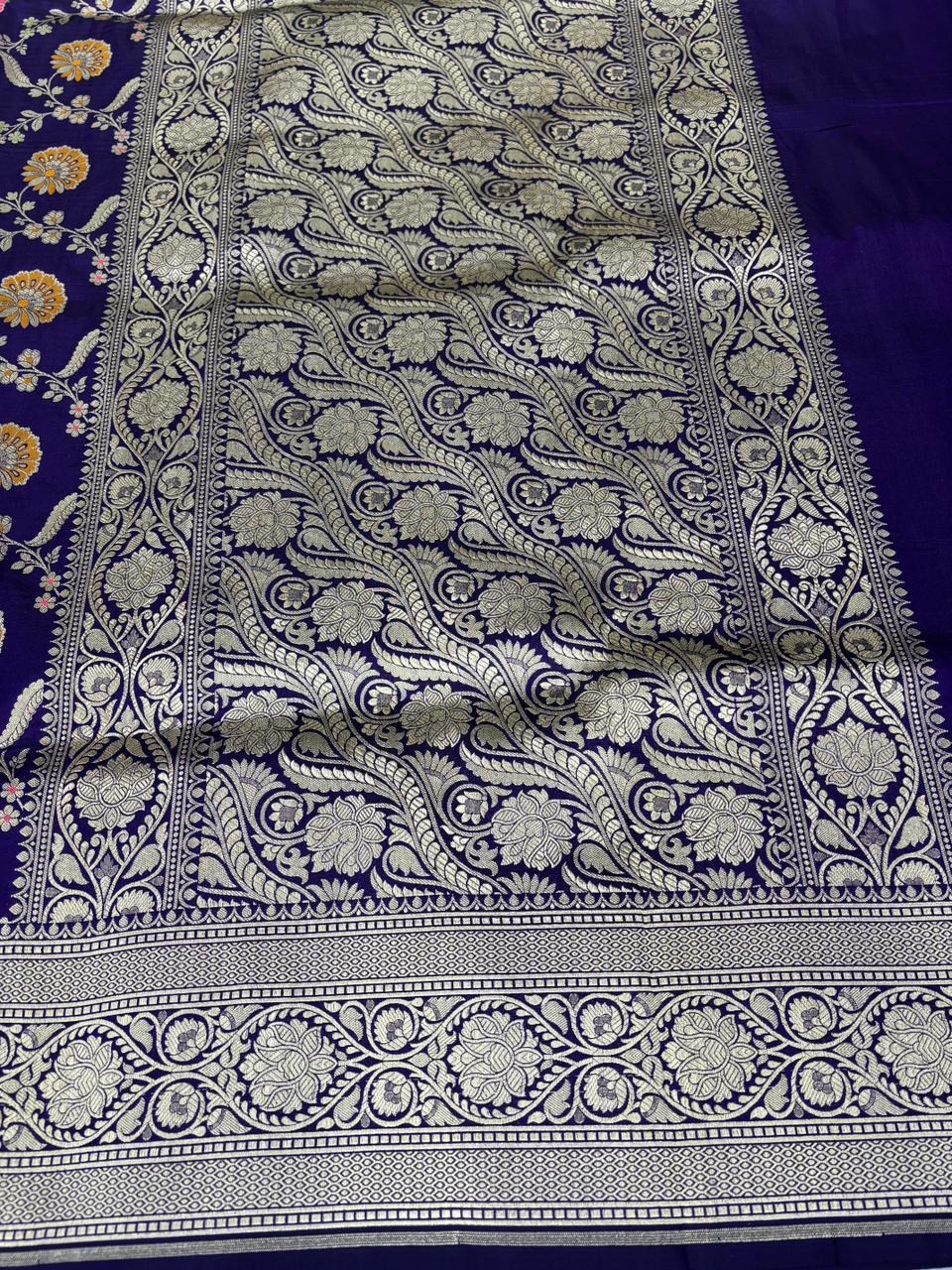 Royal Purple Pure Katan Silk Banarasi Handloom Saree with Multi-Color Meenakari & Silver Zari Jungla