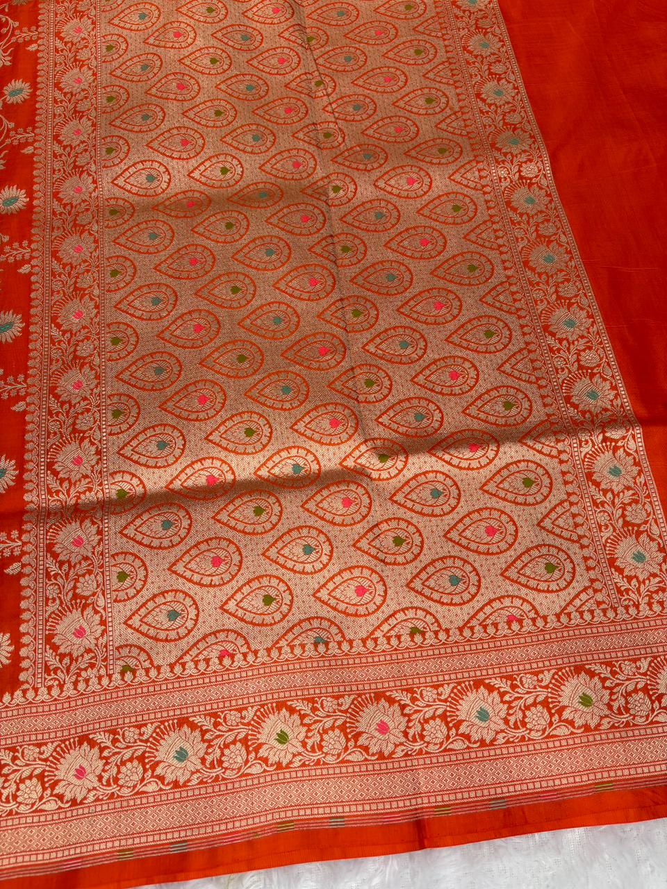 Sunset Orange Pure Katan Silk Banarasi Handloom Saree with Silver Zari Jungla & Meenakari