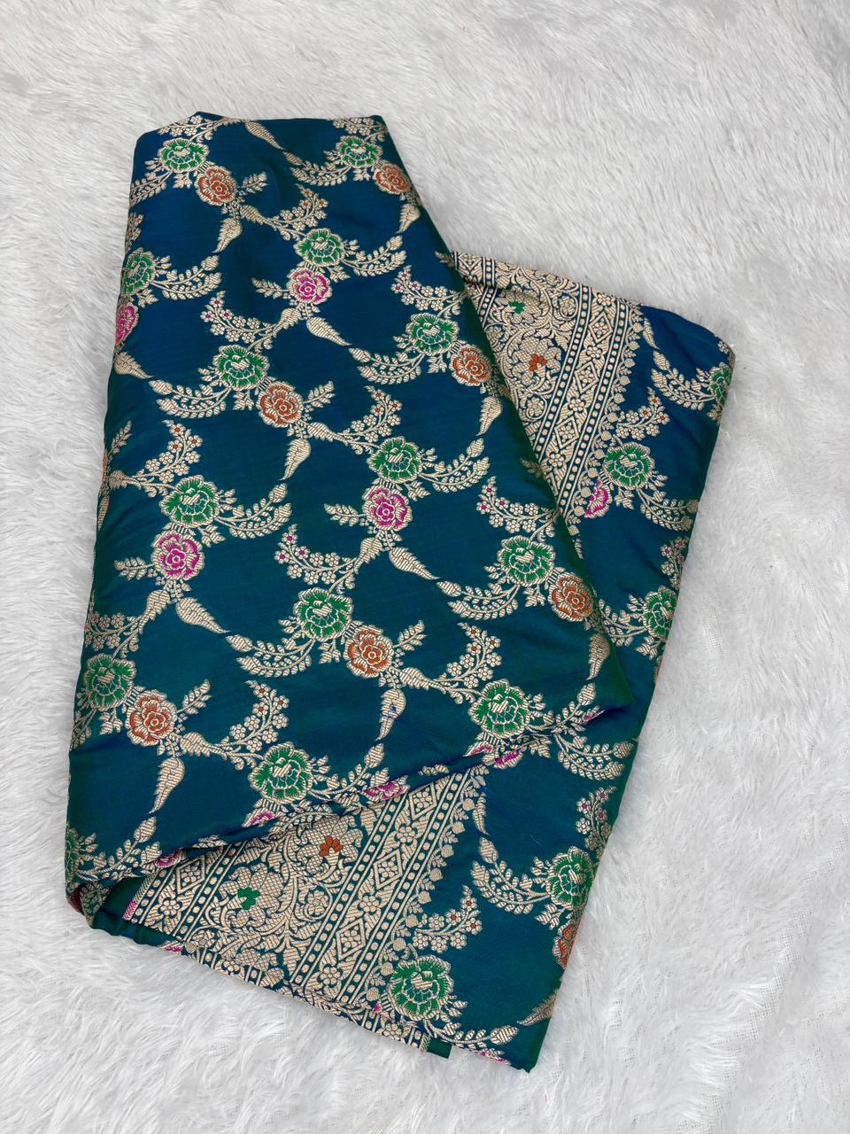 Majestic Peacock Blue Pure Katan Silk Banarasi Handloom Saree with Silver Zari Jungla & Meenakari