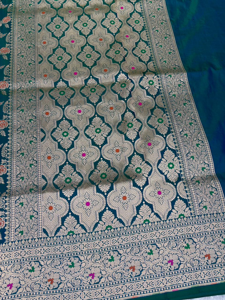 Majestic Peacock Blue Pure Katan Silk Banarasi Handloom Saree with Silver Zari Jungla & Meenakari