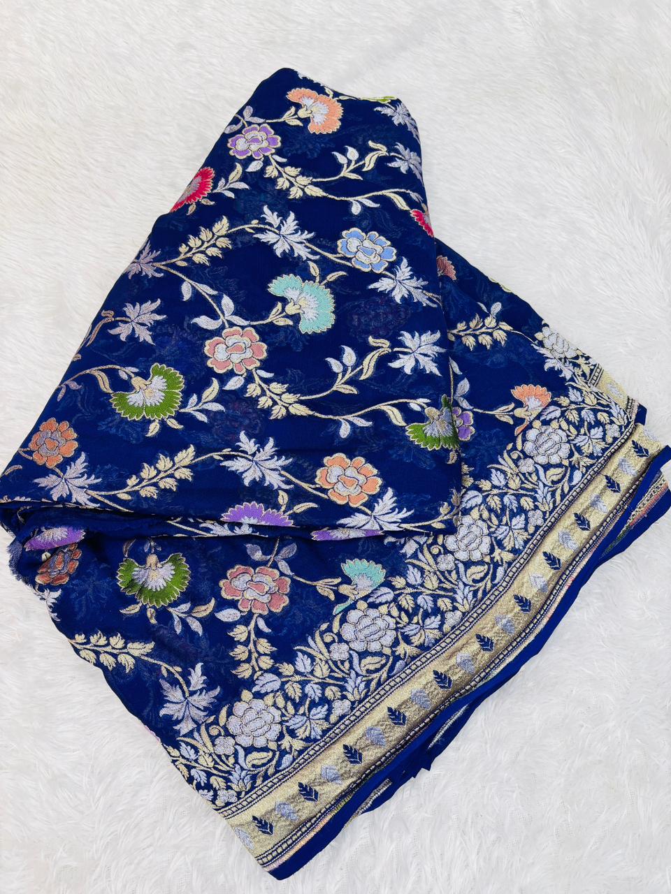 Regal Royal Blue Banarasi Khaddi Georgette Saree with Silver Zari & Meenakari Jaal
