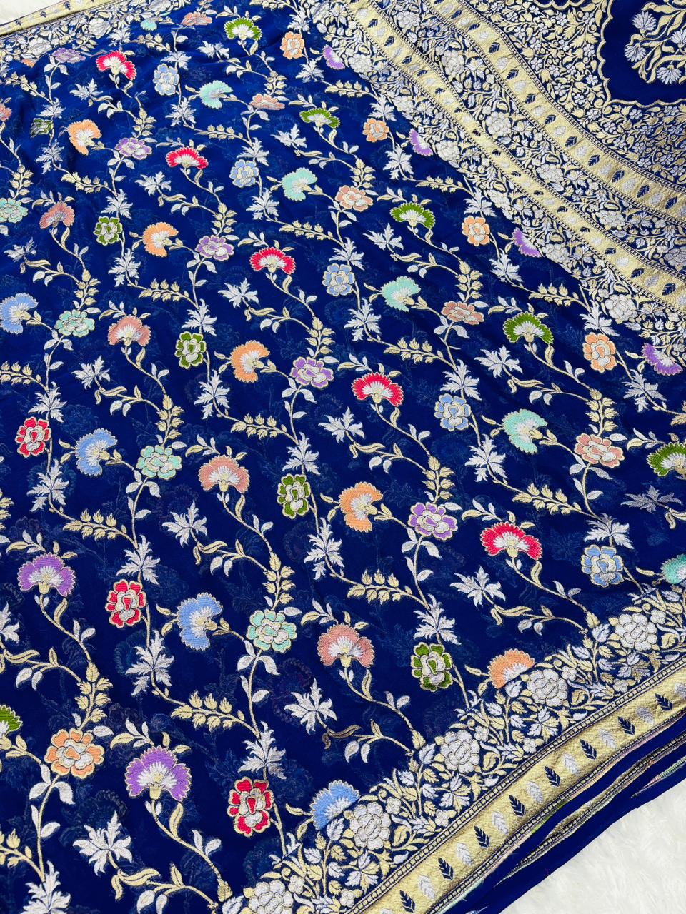 Regal Royal Blue Banarasi Khaddi Georgette Saree with Silver Zari & Meenakari Jaal