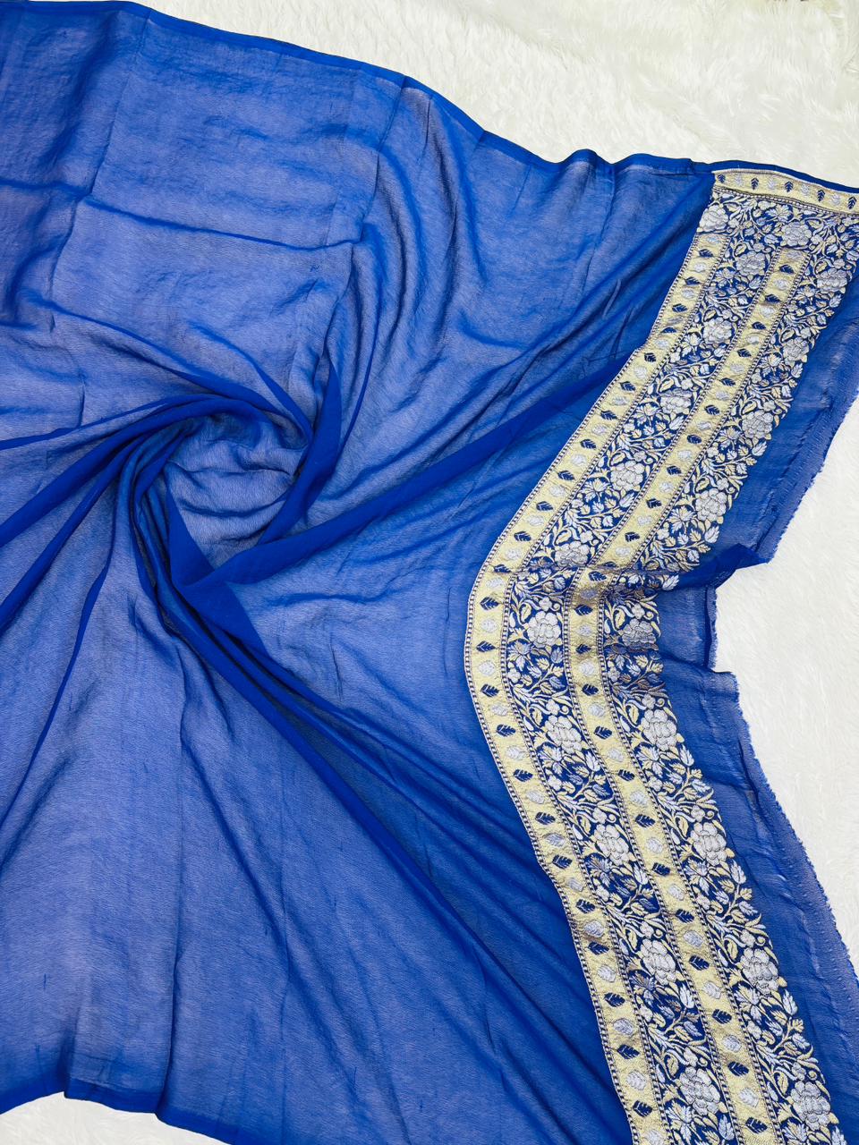 Regal Royal Blue Banarasi Khaddi Georgette Saree with Silver Zari & Meenakari Jaal