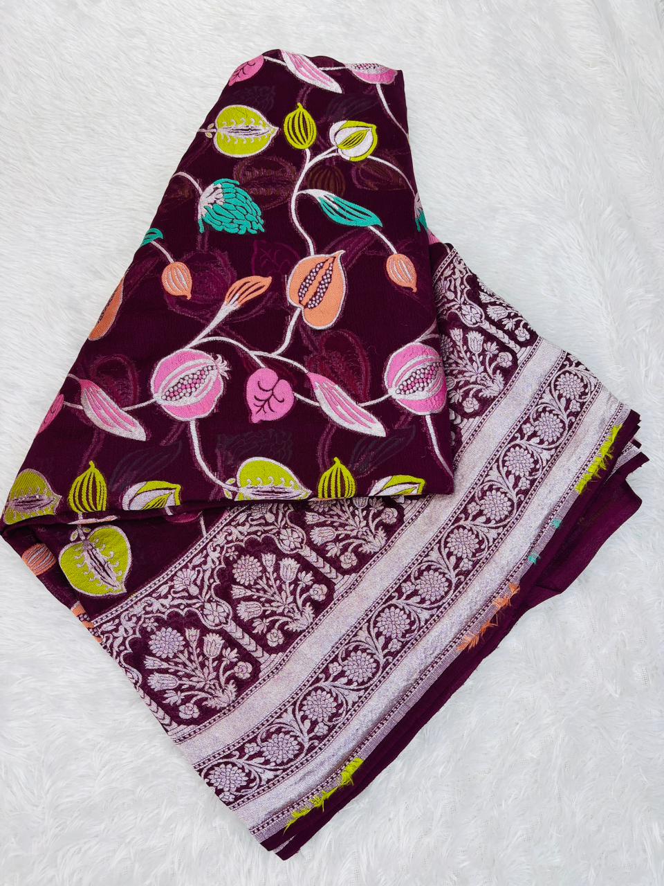 Luxurious Deep Wine Banarasi Khaddi Georgette Saree with Silver Zari & Pomegranate Meenakar