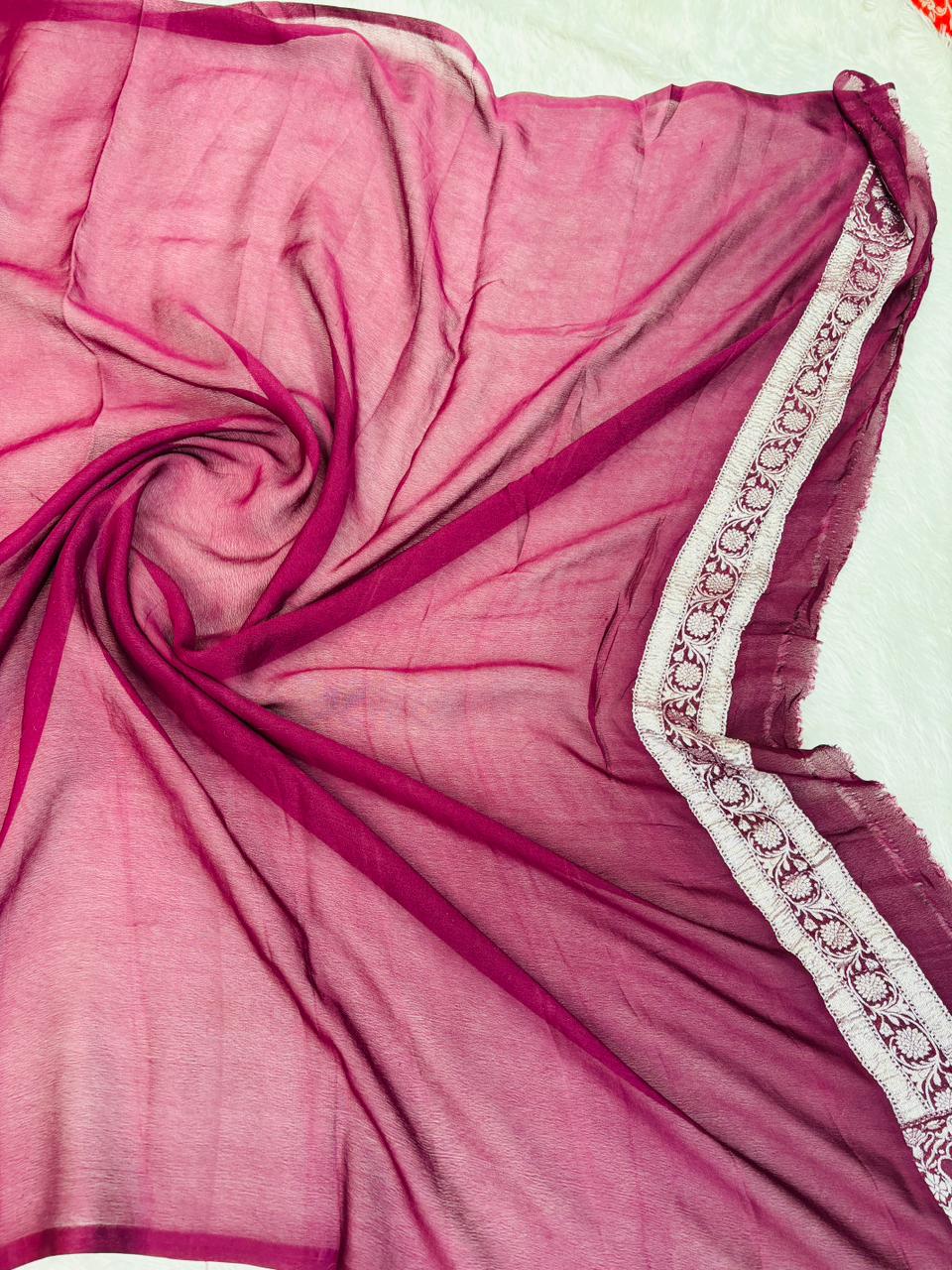 Luxurious Deep Wine Banarasi Khaddi Georgette Saree with Silver Zari & Pomegranate Meenakar