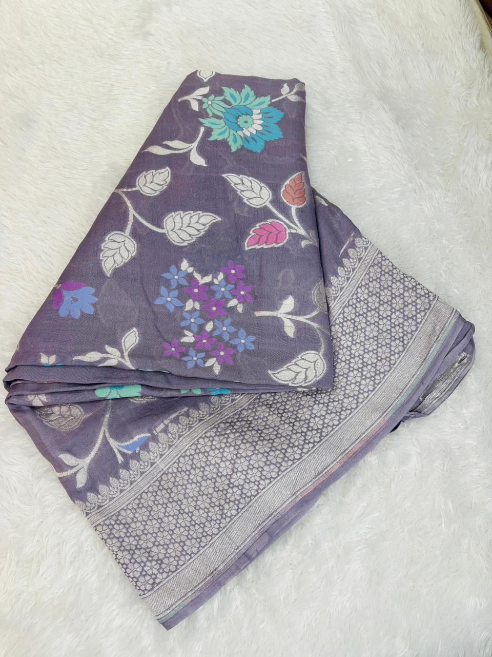 Graceful Dusty Lavender Banarasi Khaddi Georgette Saree with Silver Zari & Floral Meenakari