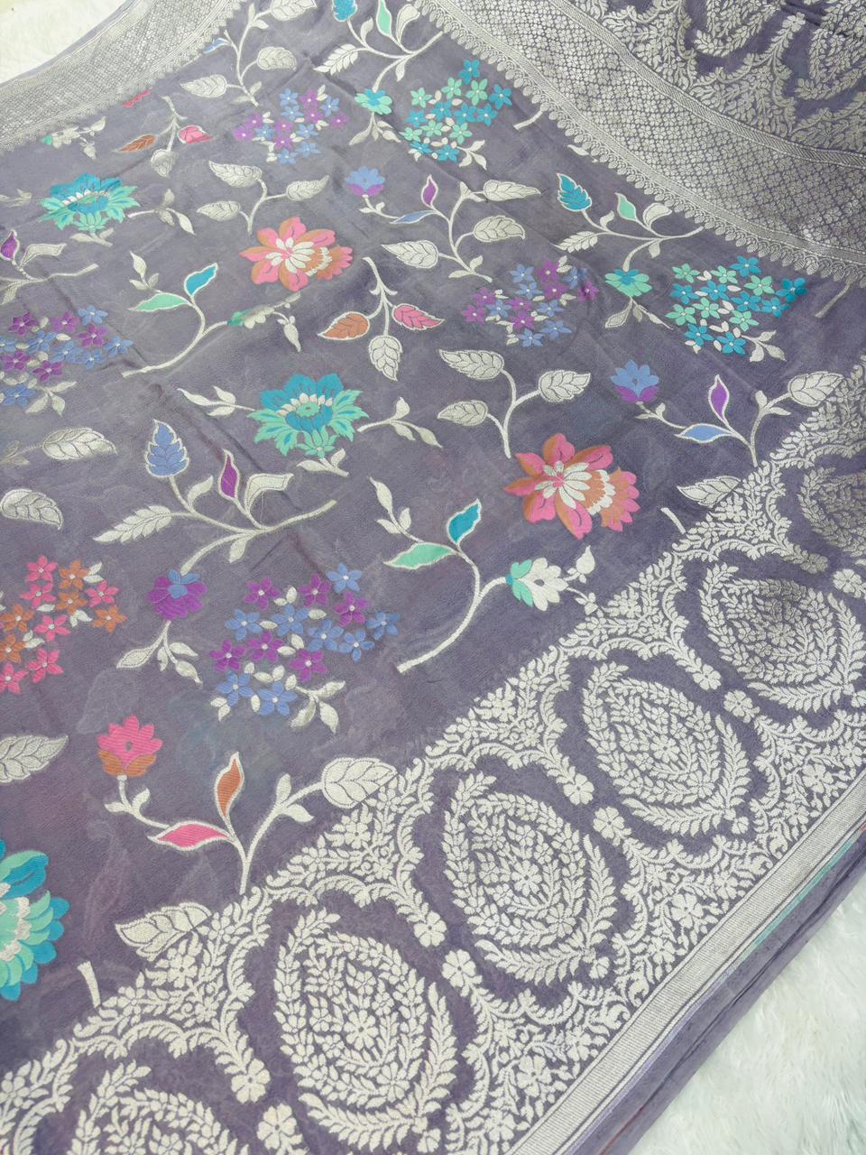 Graceful Dusty Lavender Banarasi Khaddi Georgette Saree with Silver Zari & Floral Meenakari