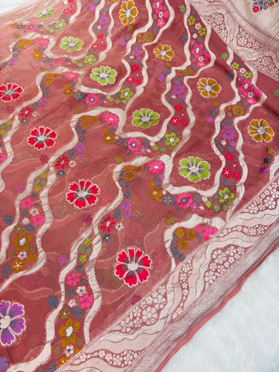 Vintage Dusty Rose Banarasi Khaddi Georgette Saree with Silver Zari Waves & Floral Meenakari