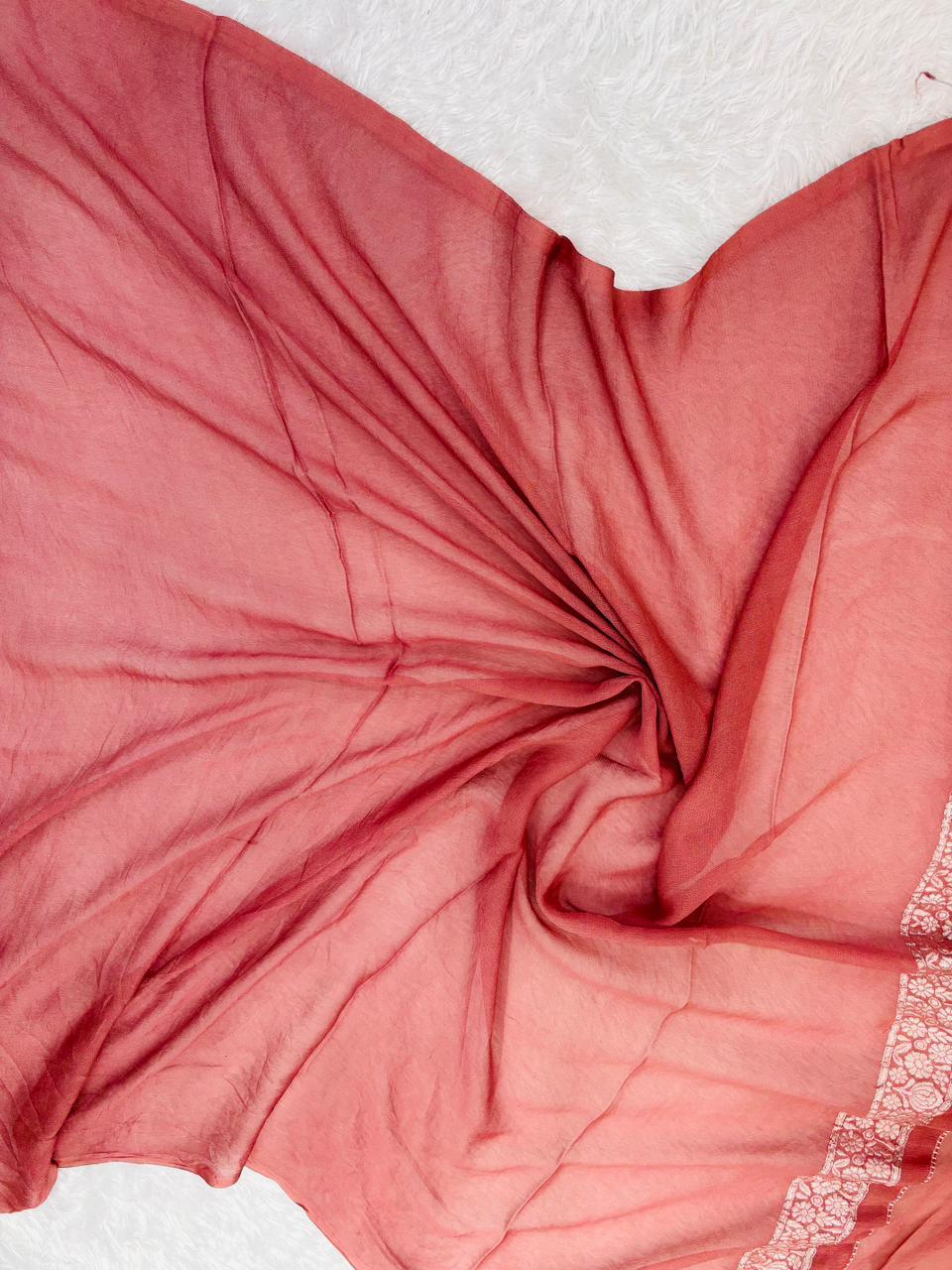 Vintage Dusty Rose Banarasi Khaddi Georgette Saree with Silver Zari Waves & Floral Meenakari