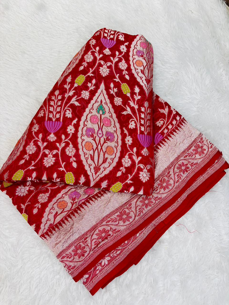 Bridal Red Banarasi Khaddi Georgette Saree with Silver Zari & Diamond Meenakari Jaal