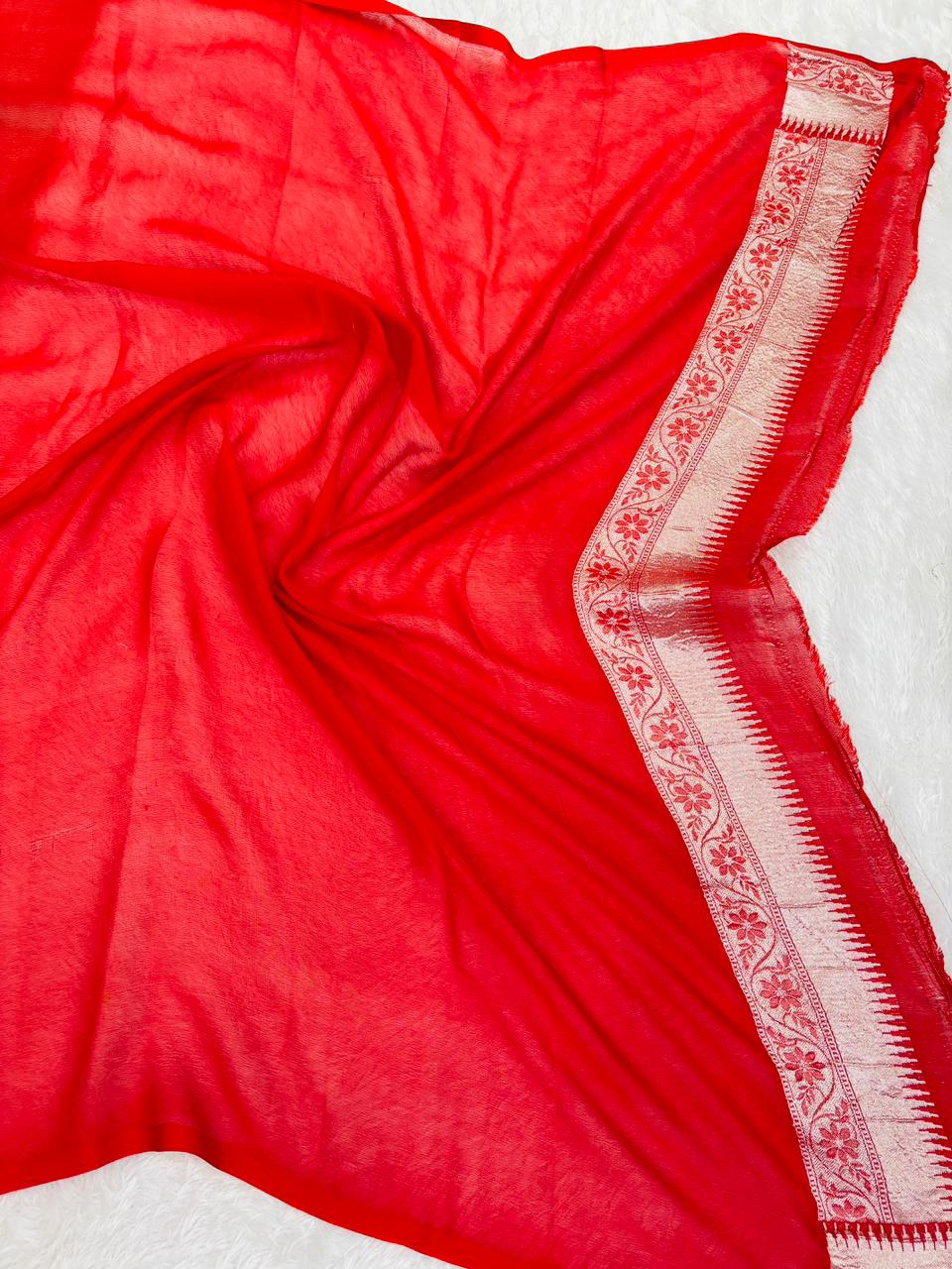 Bridal Red Banarasi Khaddi Georgette Saree with Silver Zari & Diamond Meenakari Jaal