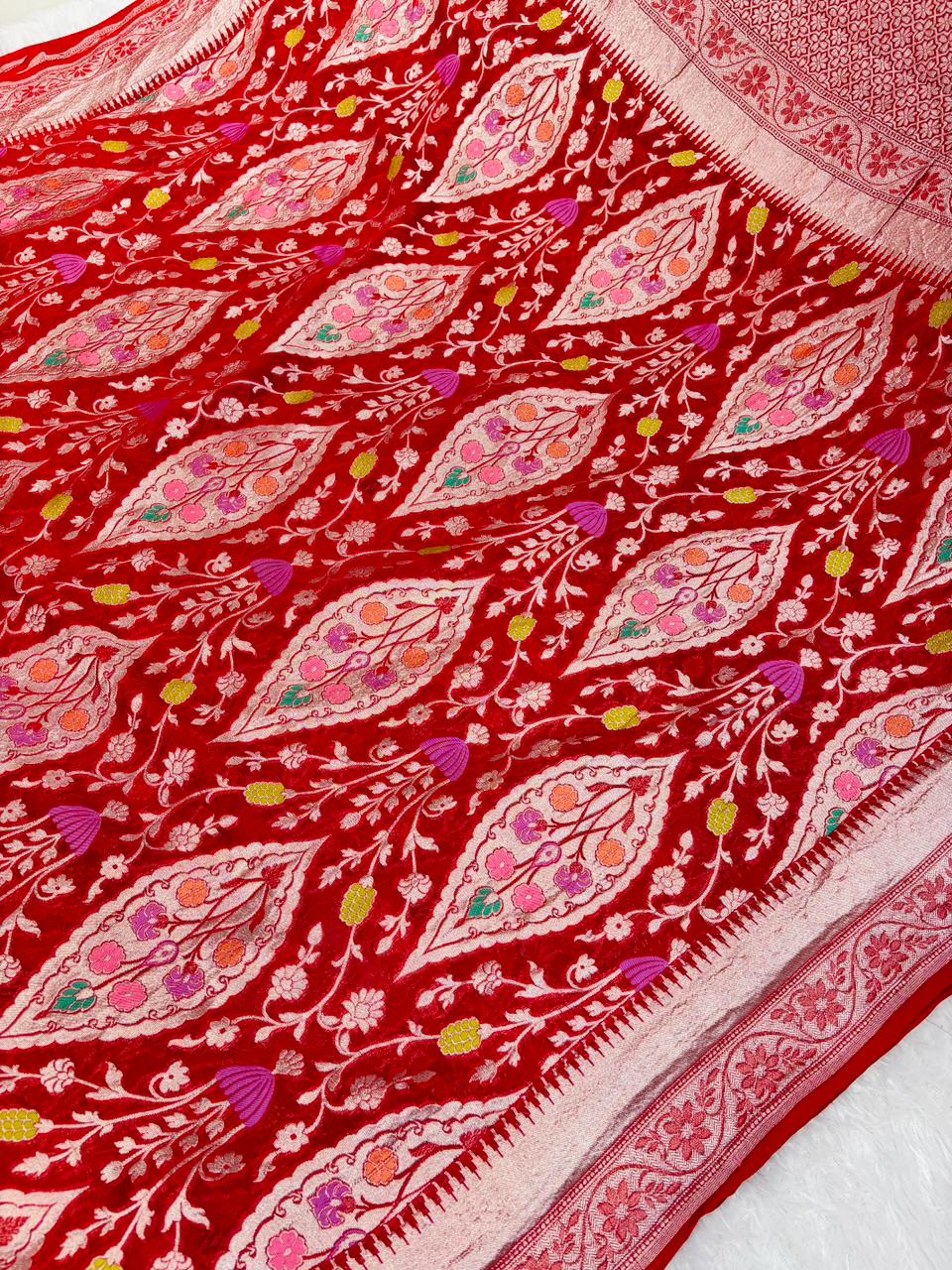 Bridal Red Banarasi Khaddi Georgette Saree with Silver Zari & Diamond Meenakari Jaal