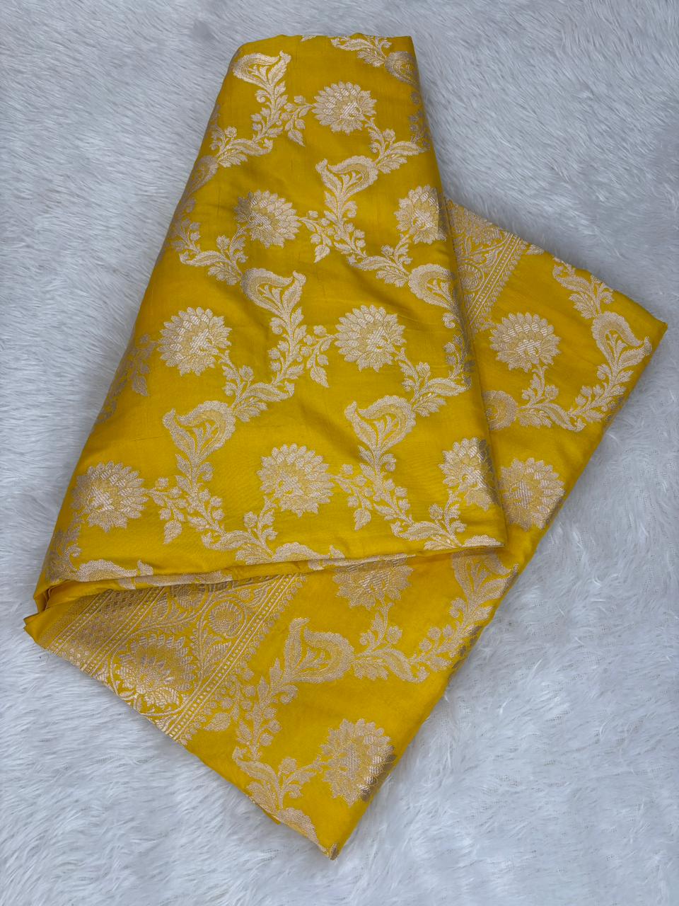 Radiant Sunshine Yellow Banarasi Katan Jungla Cutwork Saree with Silver Zari Floral Jaal