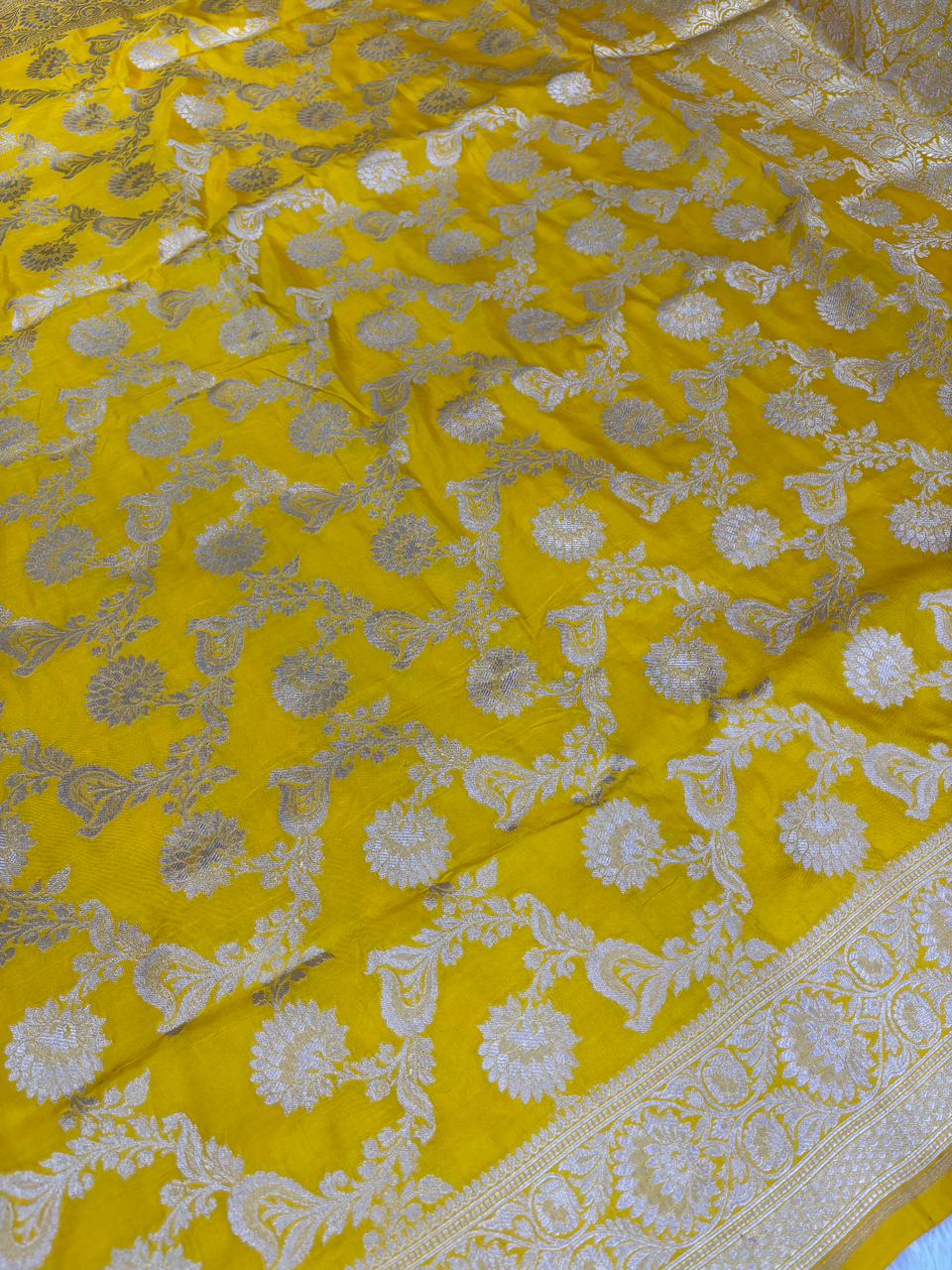 Radiant Sunshine Yellow Banarasi Katan Jungla Cutwork Saree with Silver Zari Floral Jaal