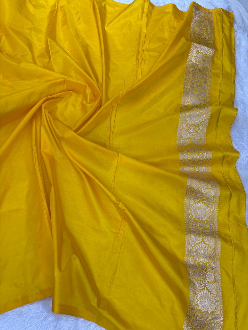 Radiant Sunshine Yellow Banarasi Katan Jungla Cutwork Saree with Silver Zari Floral Jaal