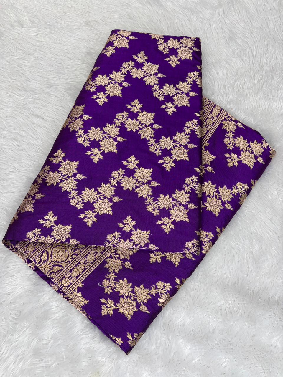 Regal Deep Violet Banarasi  katan Jungla Cutwork Saree with Antique Gold Zari Floral Jaal