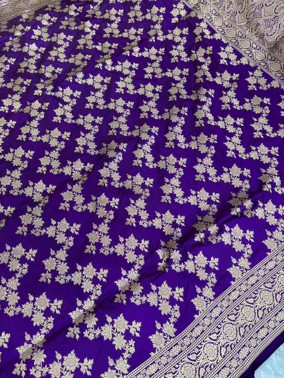 Regal Deep Violet Banarasi  katan Jungla Cutwork Saree with Antique Gold Zari Floral Jaal