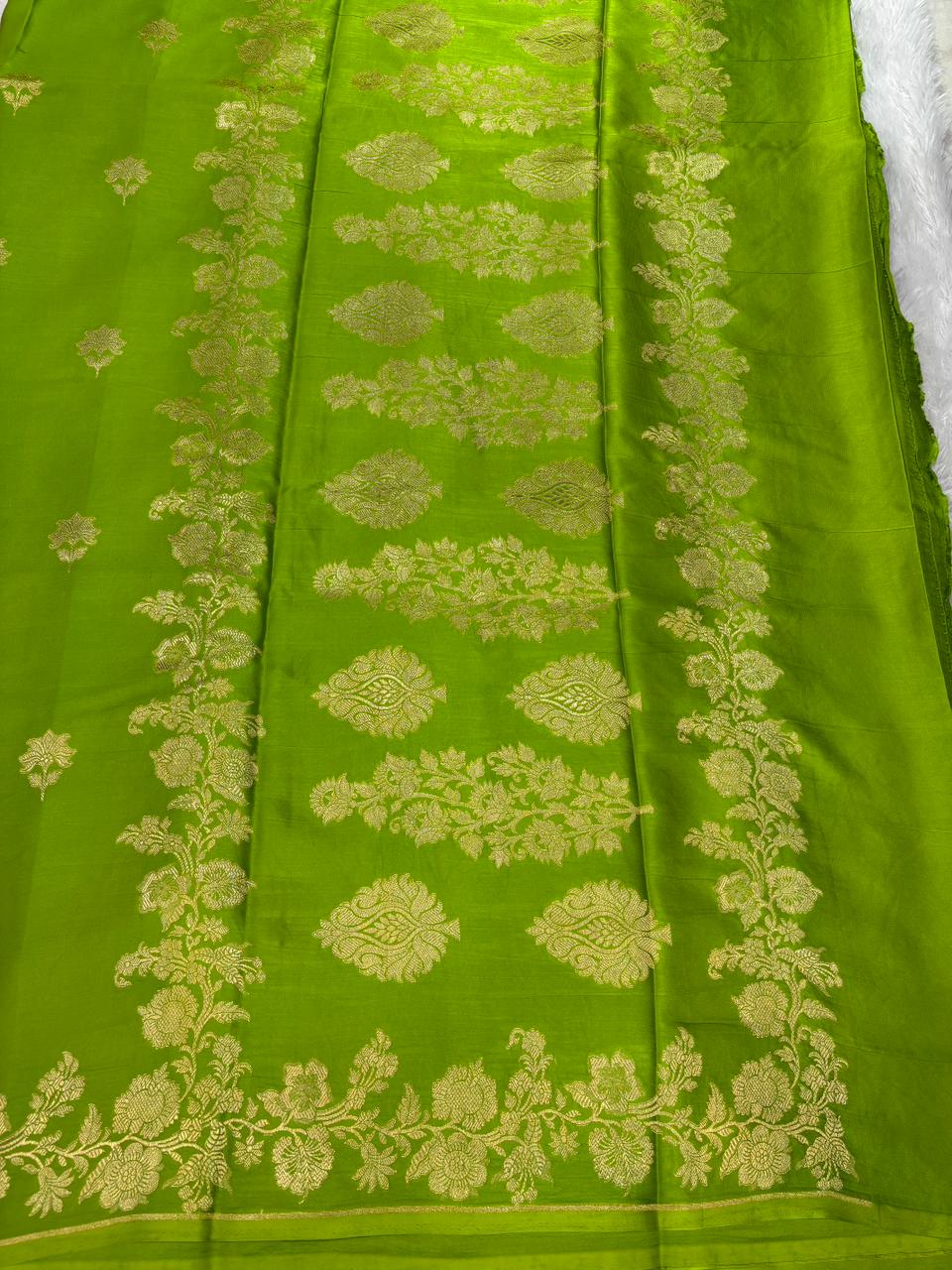 Radiant Lime Green Banarasi Mashru Silk Saree with Fine Gold Zari