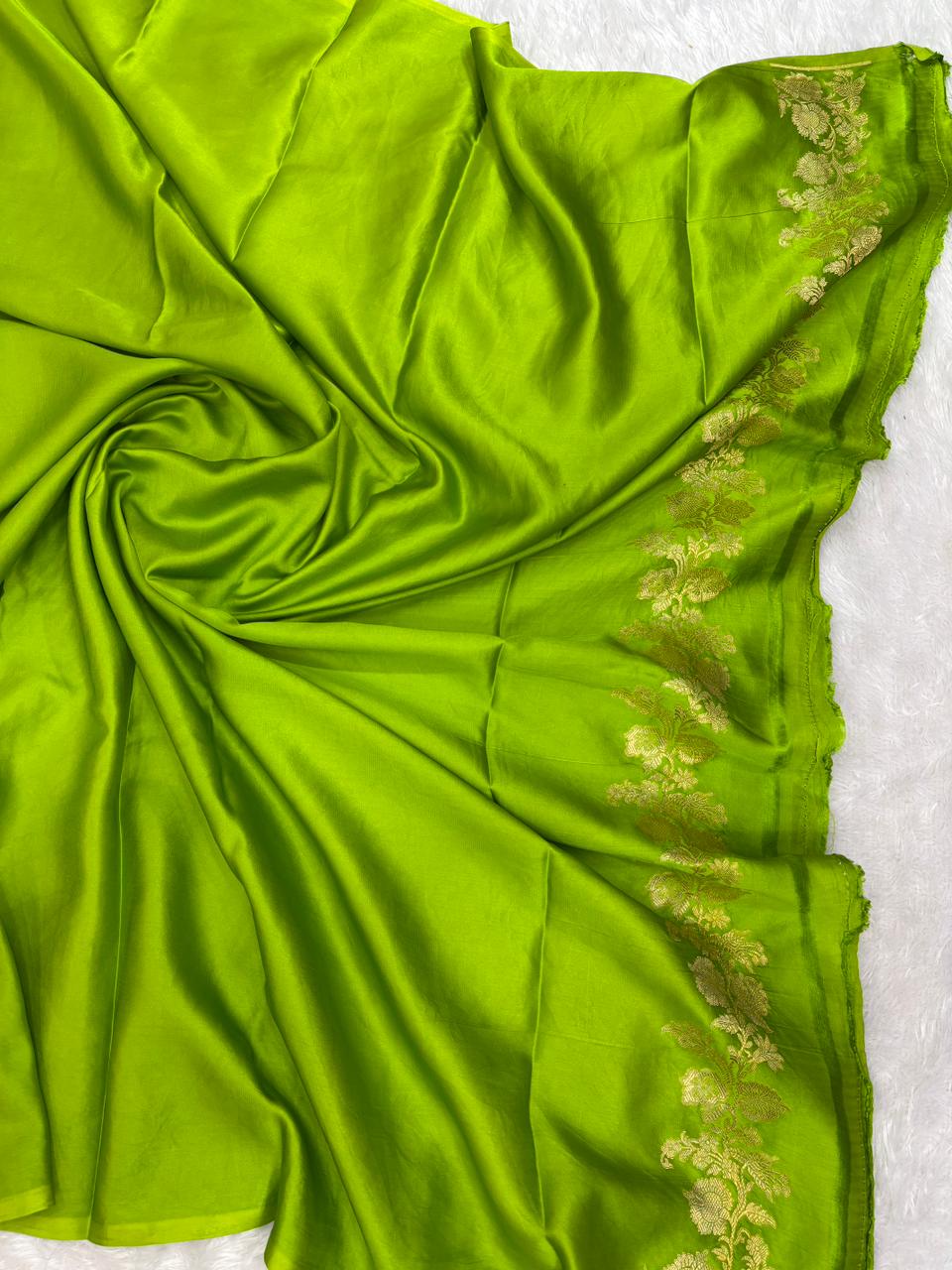 Radiant Lime Green Banarasi Mashru Silk Saree with Fine Gold Zari