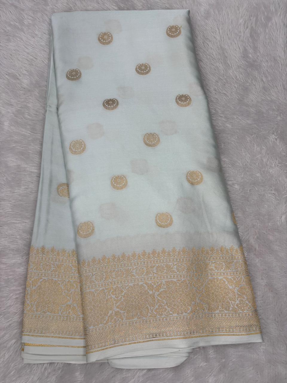Ice White Banarasi Mashru Silk Saree with Gold Zari