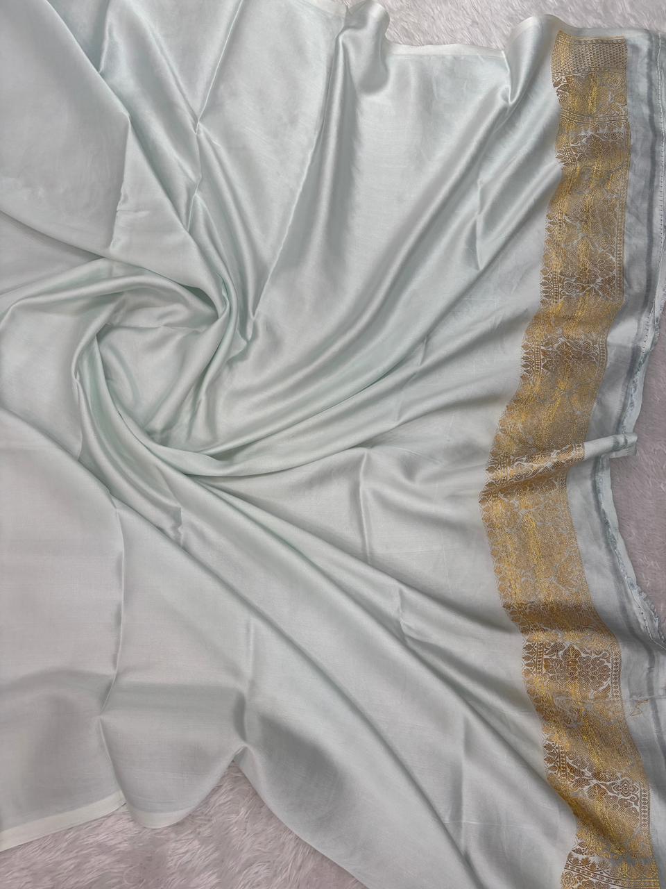Ice White Banarasi Mashru Silk Saree with Gold Zari