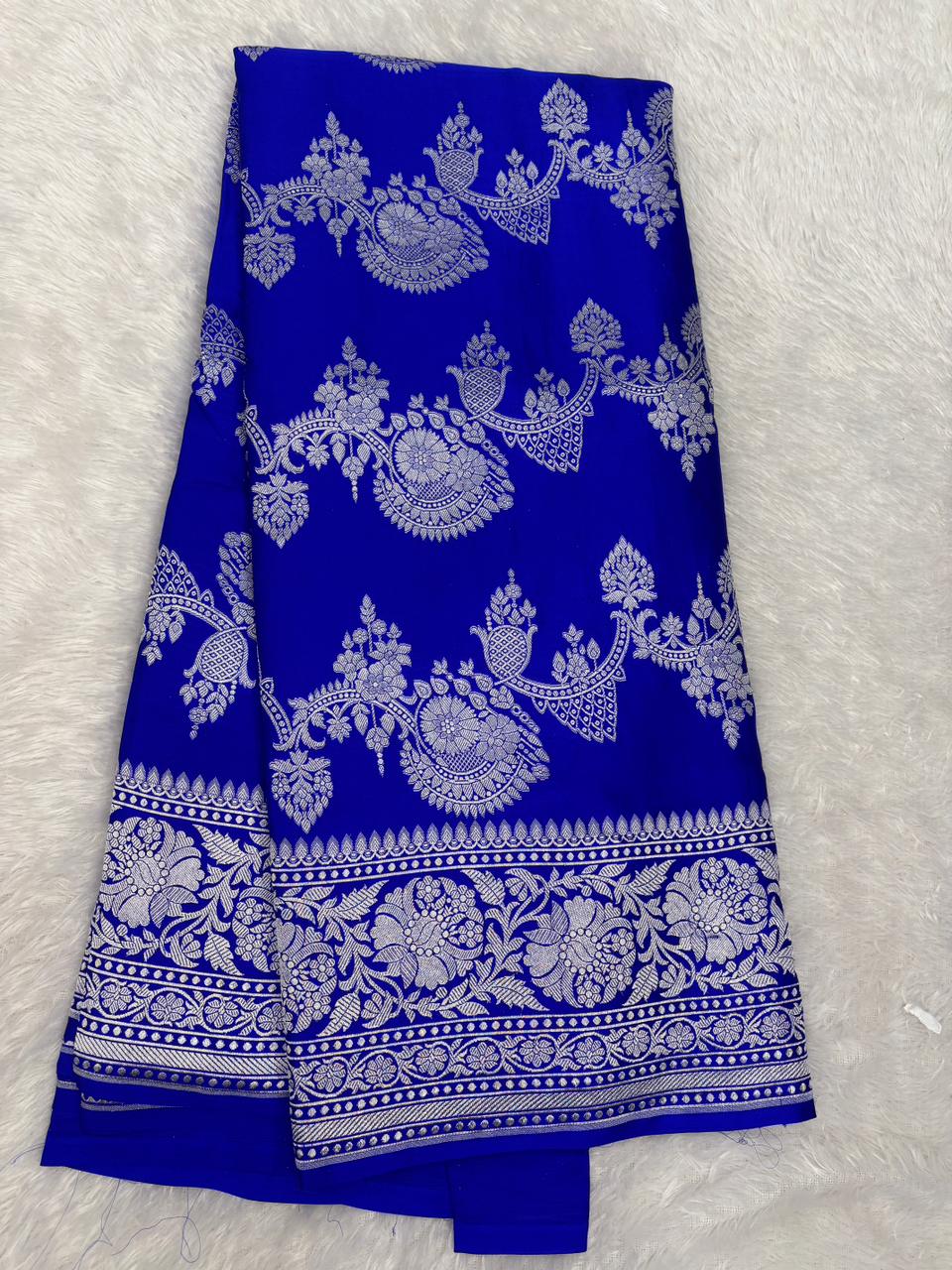 Deep Cobalt Blue Banarasi Mashru Silk Saree with Silver Zari