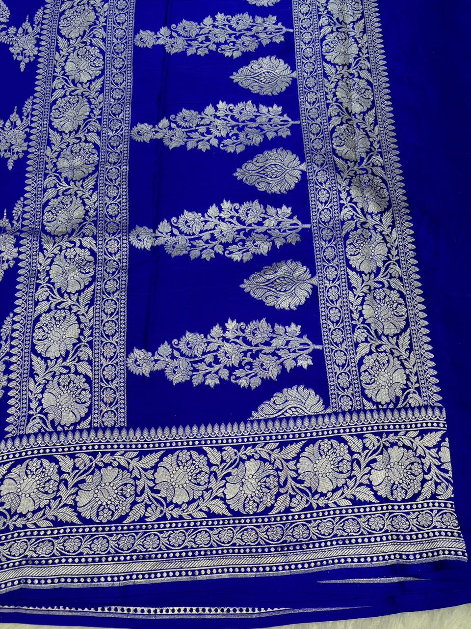 Deep Cobalt Blue Banarasi Mashru Silk Saree with Silver Zari