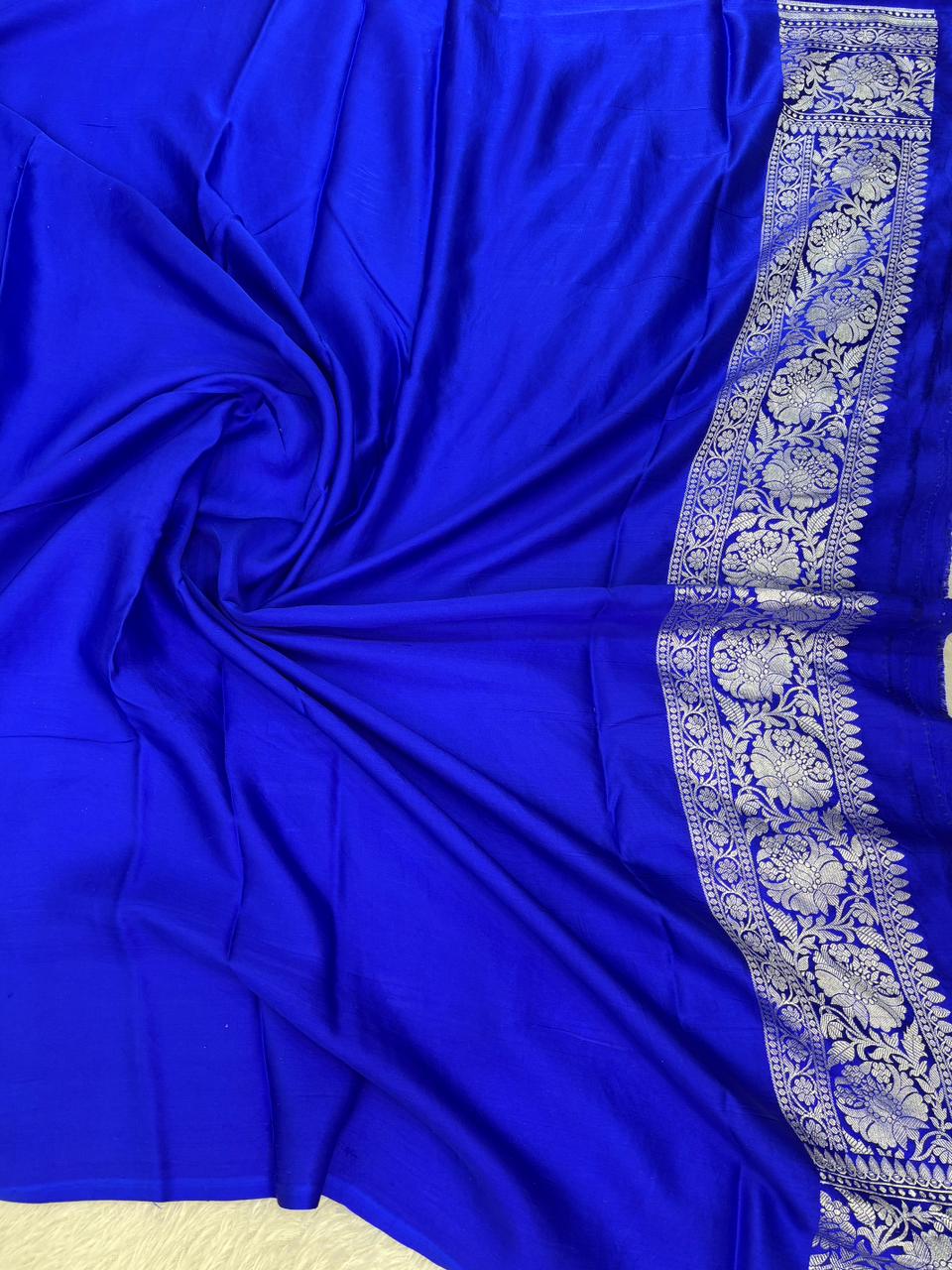 Deep Cobalt Blue Banarasi Mashru Silk Saree with Silver Zari