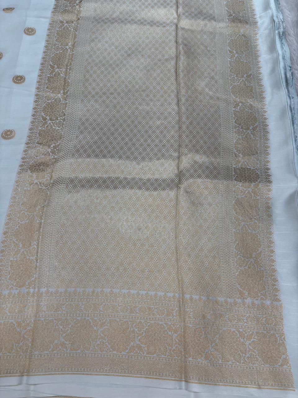 Ice White Banarasi Mashru Silk Saree with Gold Zari
