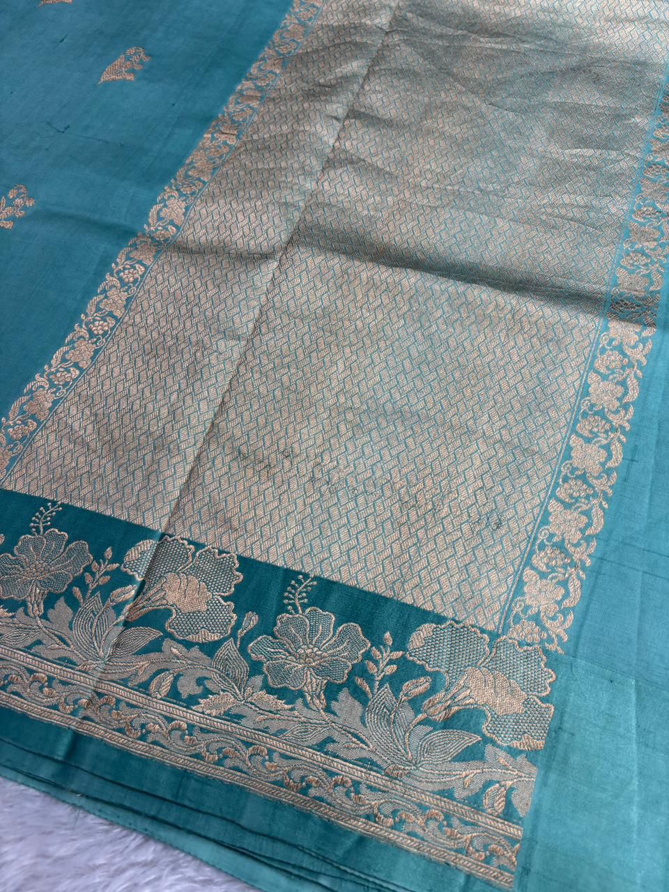 Teal Blue Katan Light Weight Silk Kadhua Handloom Saree