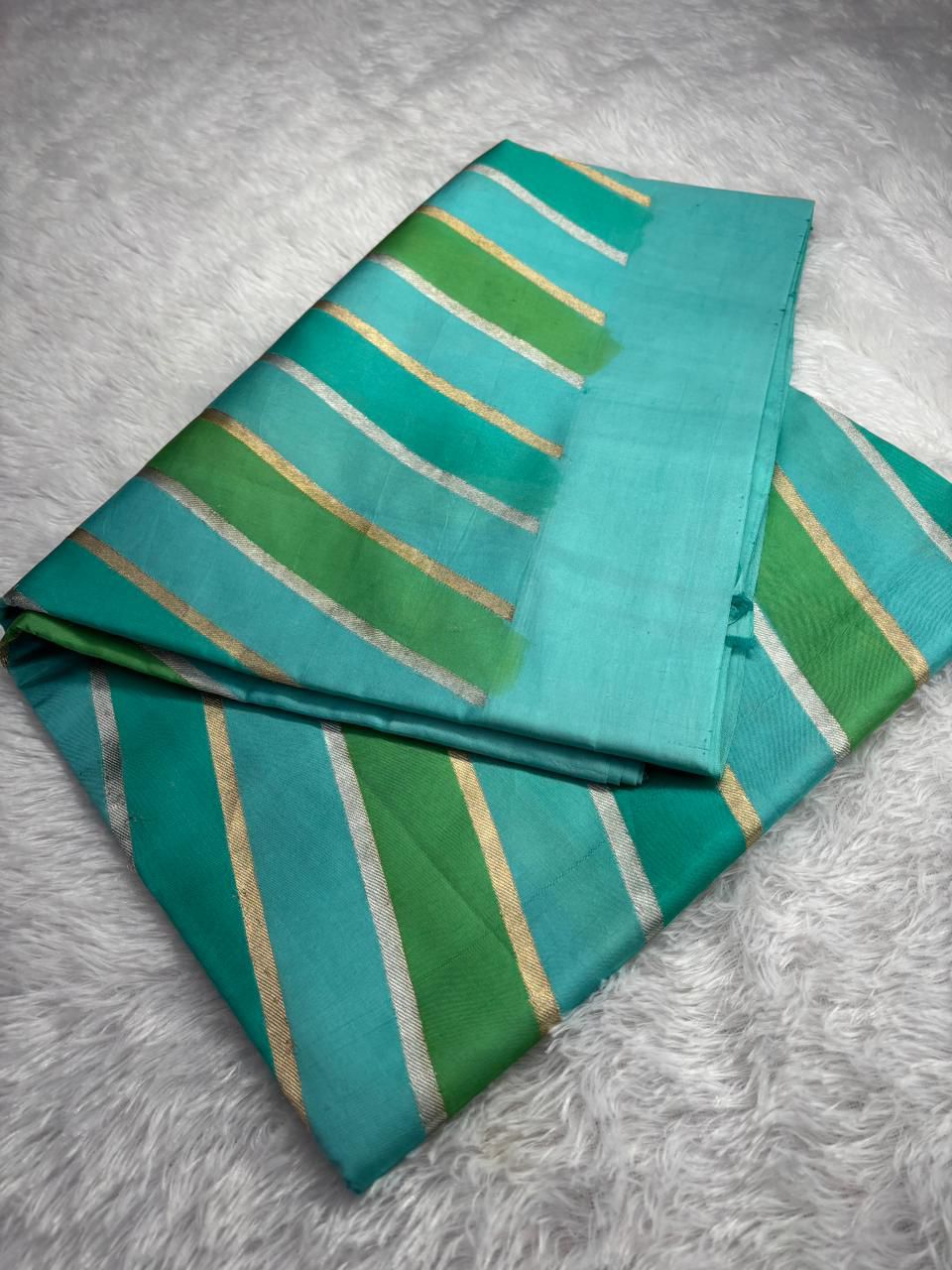 Teal & Green Rungkaat Katan Silk Light Weight Kadhua Saree