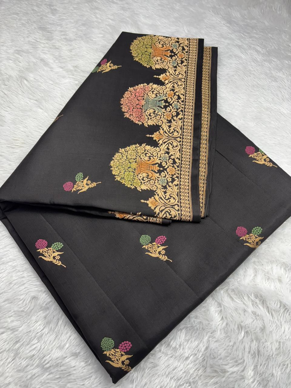 The Midnight Garden: Black Katan Silk Light Weight Meenakari Kadhua Saree