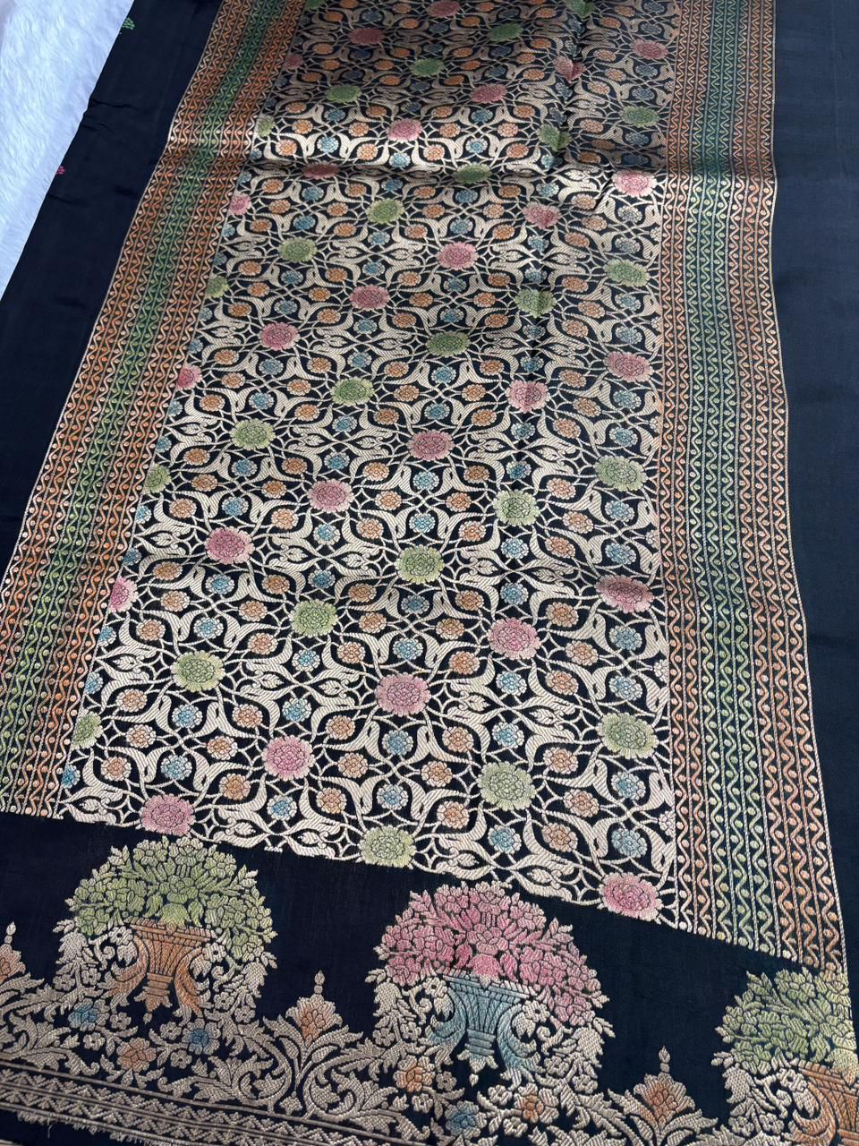 The Midnight Garden: Black Katan Silk Light Weight Meenakari Kadhua Saree