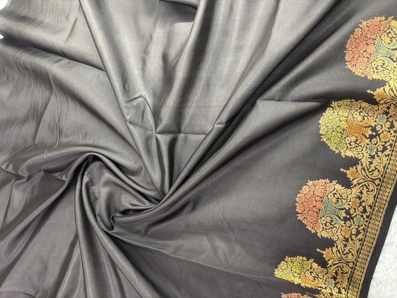 The Midnight Garden: Black Katan Silk Light Weight Meenakari Kadhua Saree