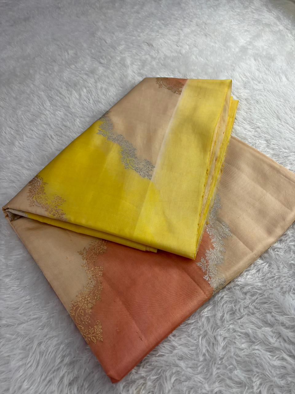 The Pastel Dawn: Yellow & Peach Rungkaat Katan Silk Saree