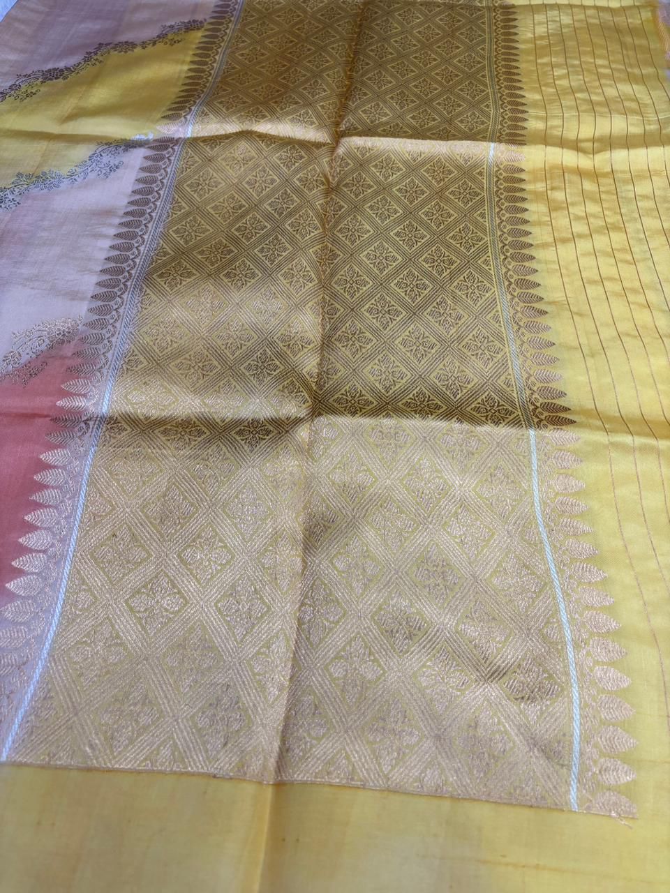 The Pastel Dawn: Yellow & Peach Rungkaat Katan Silk Saree